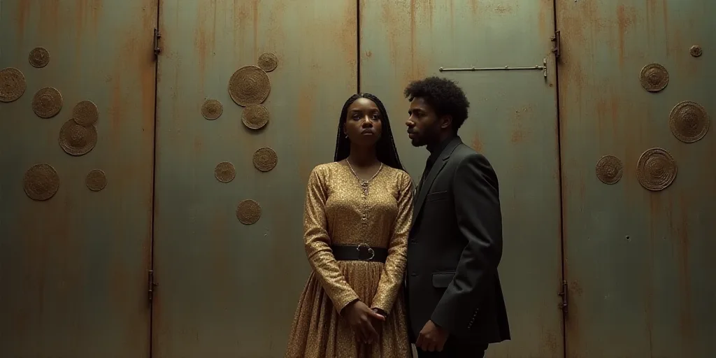 a woman standing in front of a metal wall with circles on it and a man standing next to her, Chinwe