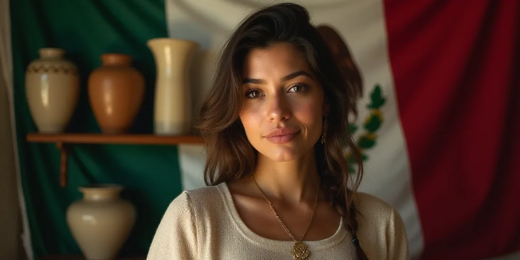 a woman standing in front of a mexican flag and a shelf of vases and a flag of mexico, Araceli Gilbe