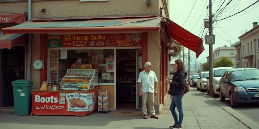 a woman standing in front of a store selling food and drinks on a sidewalk next to parked cars and a