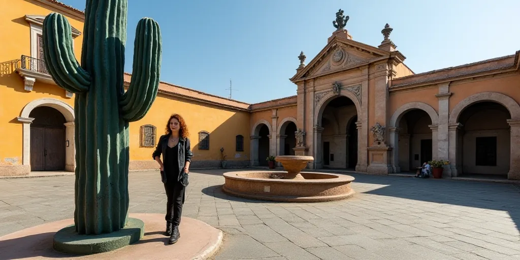 a woman standing next to a statue of a cactus in a plaza in mexico with a building in the background