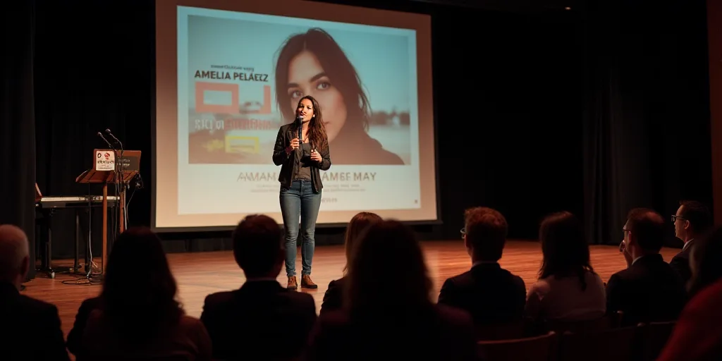 a woman standing on a stage with a microphone in front of a group of people sitting in chairs and a