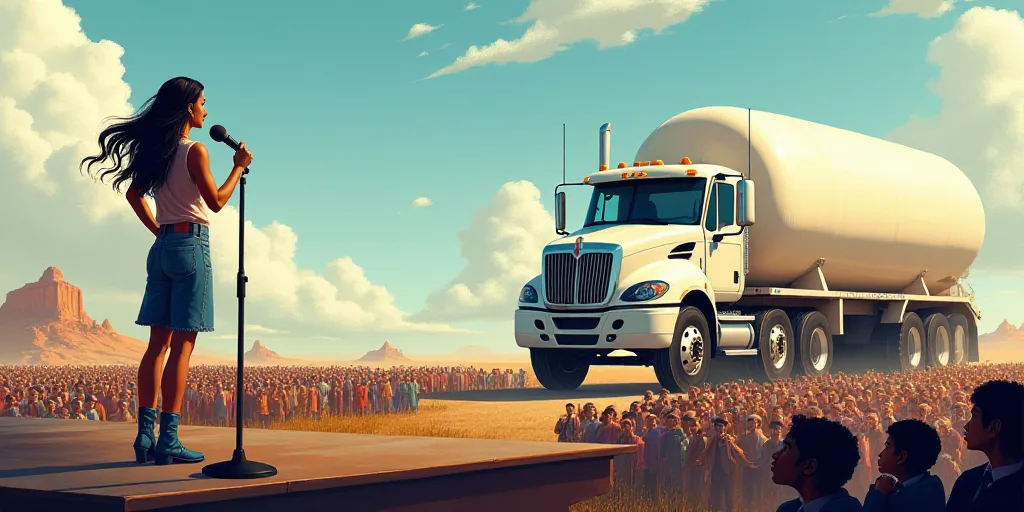 a woman standing on a stage with a microphone in front of a crowd of people and a giant white truck,