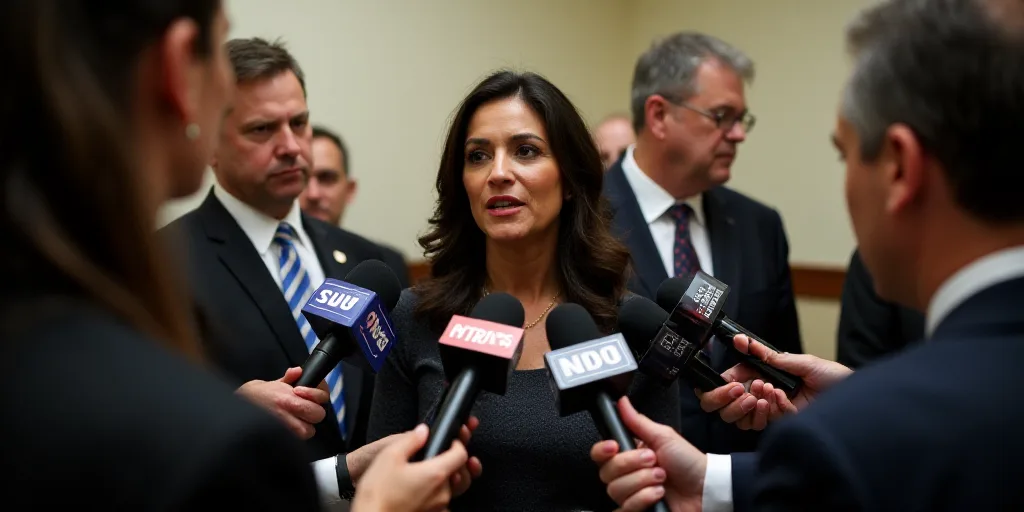 a woman surrounded by reporters holding microphones and talking to someone else in a room with a wal