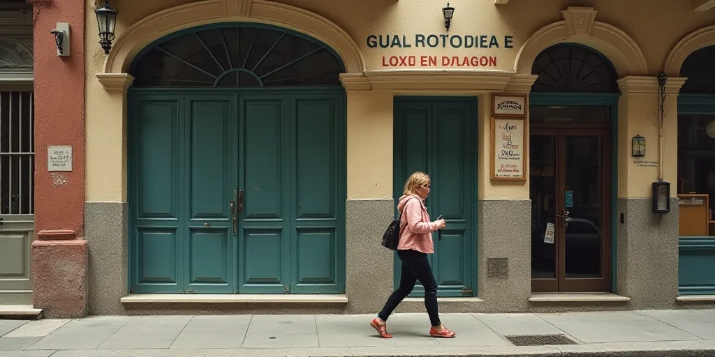 a woman walking down a sidewalk past a building with a sign on it that says se renta 350 - 350 - 350