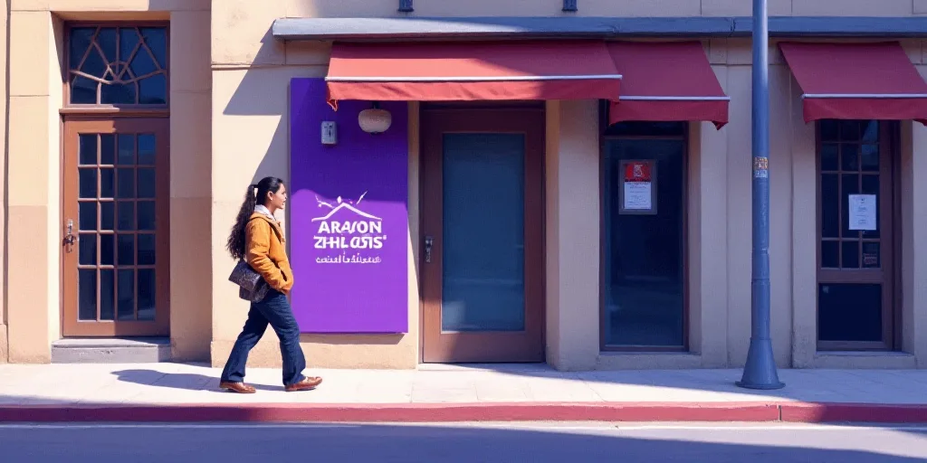 a woman walking past a bank sign on a sidewalk in front of a building with a purple sign on it, Bouc