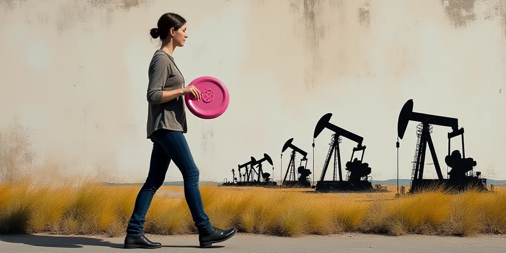 a woman walking past a painting of oil pumps on a wall with a pink frisbee in her hand, Banksy, oil,
