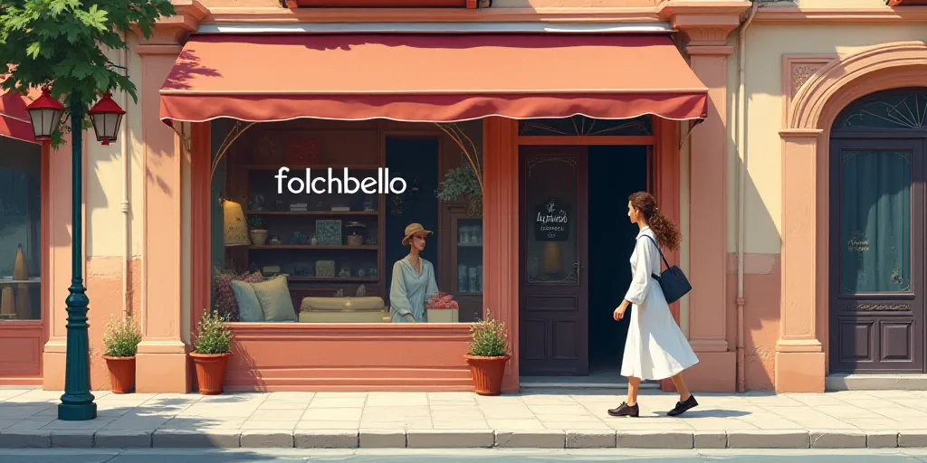 a woman walking past a store front with a sign that says follchbello on it's side, Bouchta El Hayani