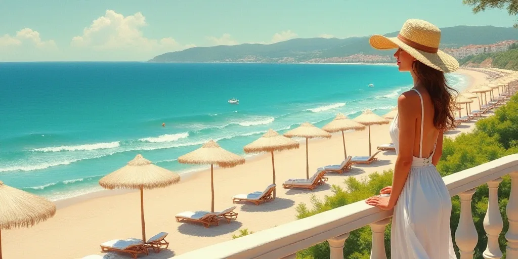 a woman wearing a hat on a balcony overlooking the beach and ocean with umbrellas in the background,