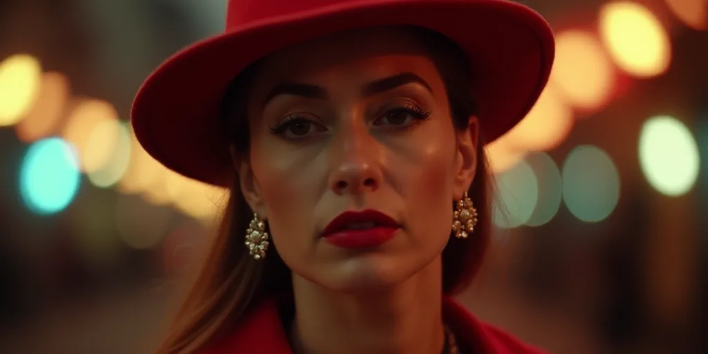 a woman wearing a red hat and earrings in front of a blurry background of lights and circles of ligh