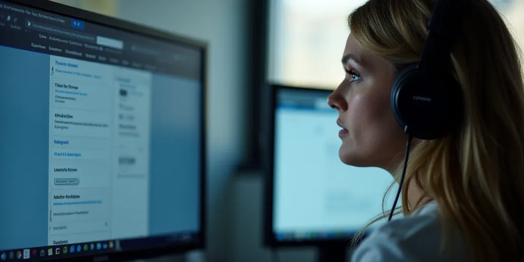 a woman wearing headphones is looking at a computer screen with a webpage on it and a headset on her