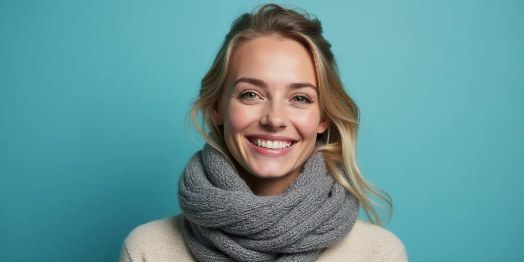 a woman with a scarf on her neck smiling at the camera with a blue background and a black and white