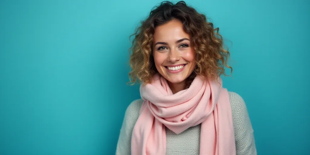 a woman with a scarf on her neck smiling at the camera with a blue background and a black and white