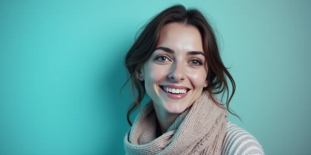 a woman with a scarf on her neck smiling at the camera with a blue background and a black and white