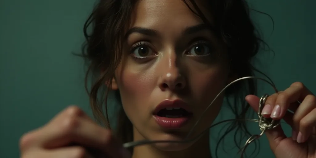 a woman with a surprised look on her face looking at the camera with a wire in her hand and a piece