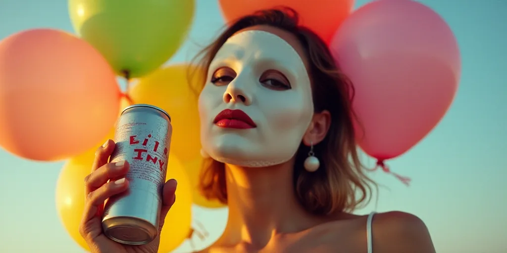 a woman with a white mask and a white mask on holding a can of soda in her hand and a bunch of ballo