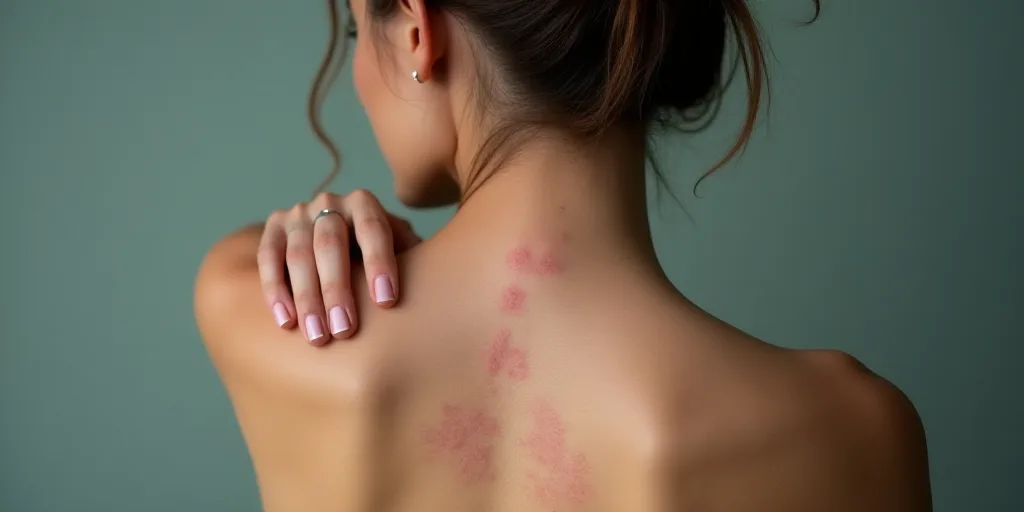 a woman with acne on her back and her hand on her shoulder and her hand on her shoulder, Aquirax Uno