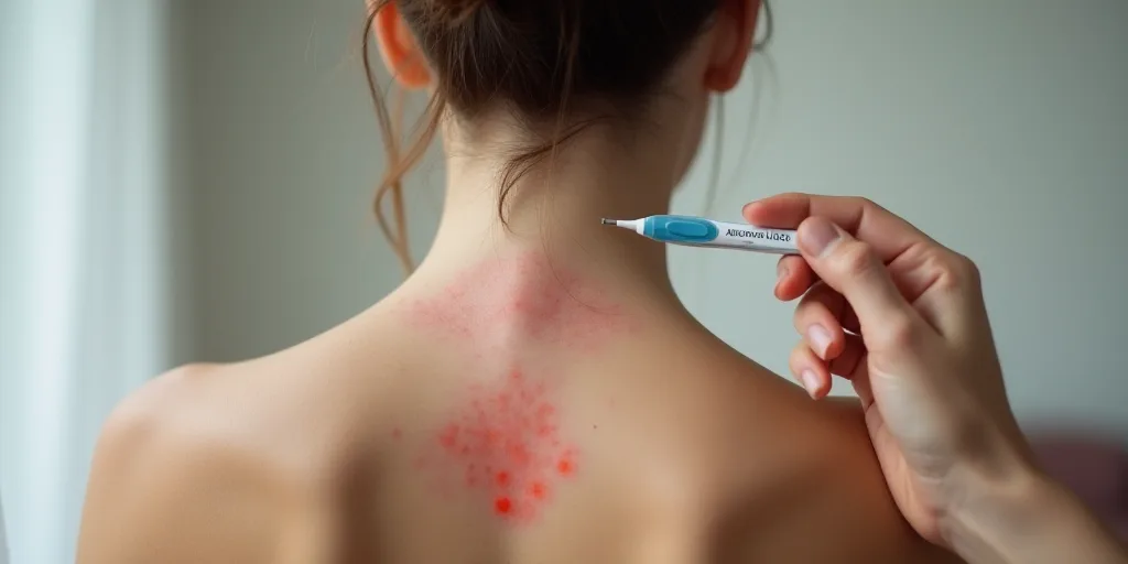 a woman with acne on her back with a thermometer in her hand and a red marker on her shoulder, Aquir