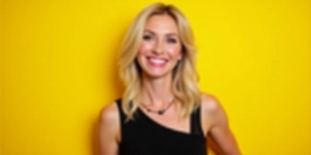 a woman with blonde hair and a black dress smiling at the camera with a yellow background behind her