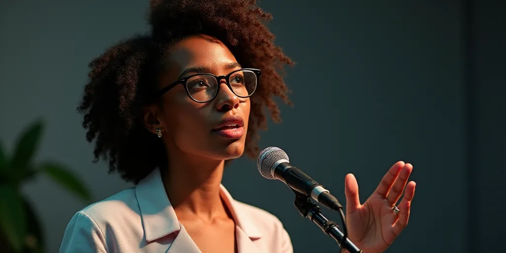 a woman with glasses is speaking into a microphone and holding a microphone in her hand and looking