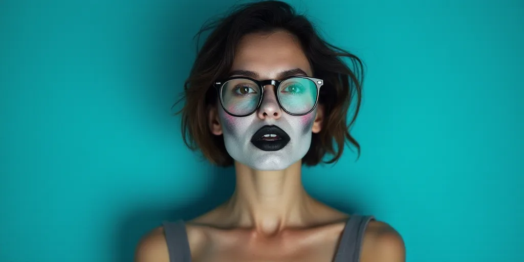 a woman with glasses standing in front of a blue background with a black and white photo of her face