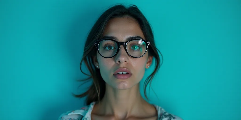 a woman with glasses standing in front of a blue background with a black and white photo of her face