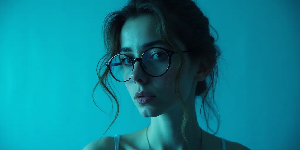 a woman with glasses standing in front of a blue background with a black and white photo of her face