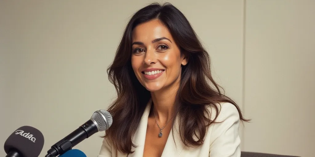 a woman with long hair and a white suit smiles at the camera while speaking into a microphone at a p