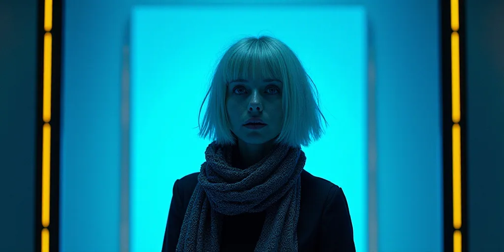 a woman with white hair and a scarf around her neck is standing in front of a blue background with a