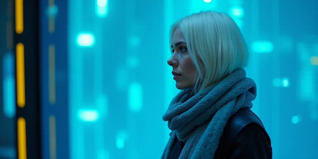 a woman with white hair and a scarf around her neck is standing in front of a blue background with a