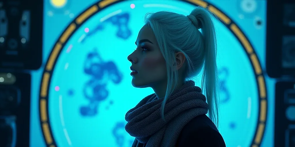 a woman with white hair and a scarf around her neck is standing in front of a blue background with a