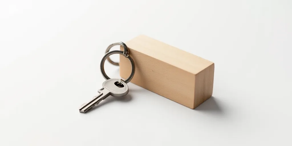 a wooden gaven and a keychain on a white background with a key ring on the end of the block, Andries