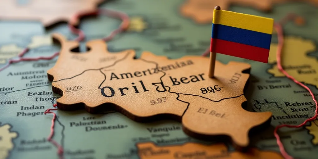 a wooden map with a flag on it and a red string on the map of venezuela on it's side, Carlos Trillo