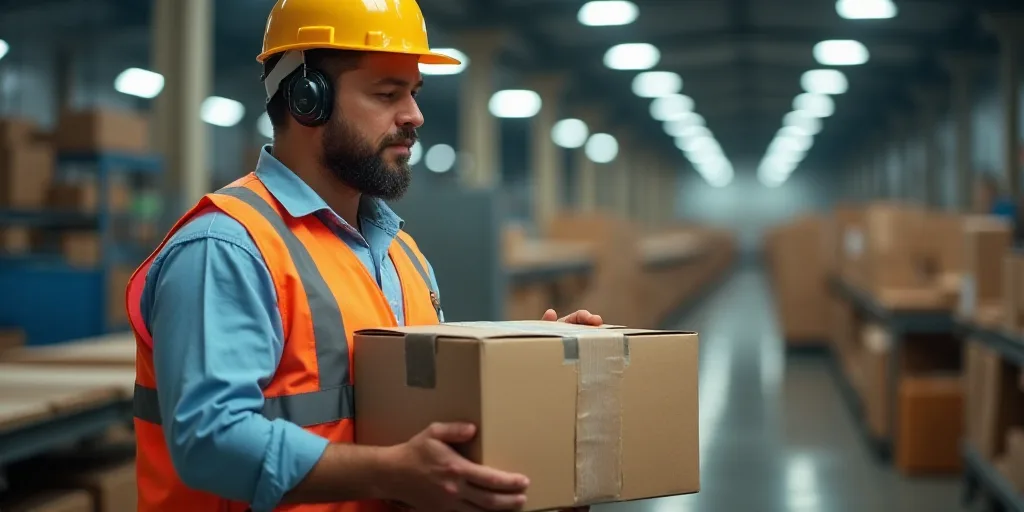 a worker in a factory holding a box of boxes with ear phones on it and a hard hat on, Ceferí Olivé