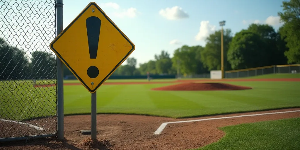 a yellow caution sign sitting on top of a baseball field next to a fence and a baseball field with t