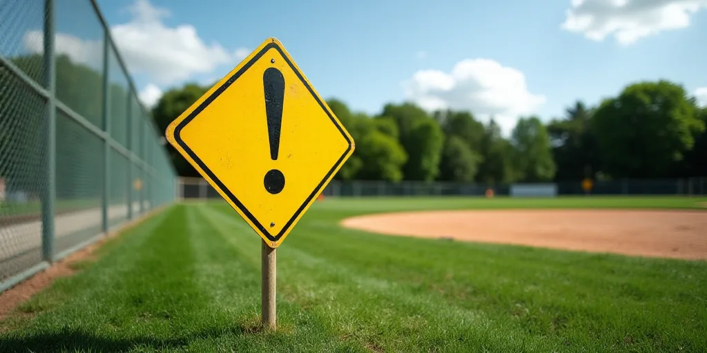 a yellow caution sign sitting on top of a baseball field next to a fence and a baseball field with t