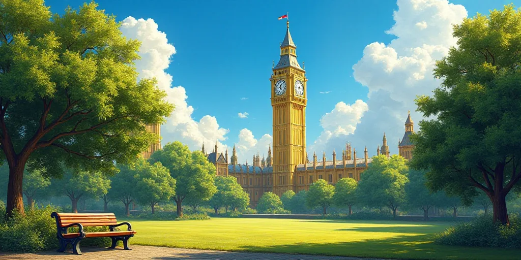 a yellow clock tower in the background of a blue sky and trees with a bench in the foreground, Chris