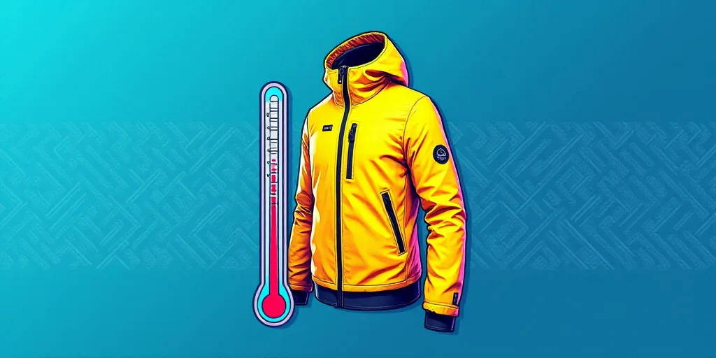 a yellow jacket and a thermometer are on a blue background with a pattern of lines and dots, An Gyeo