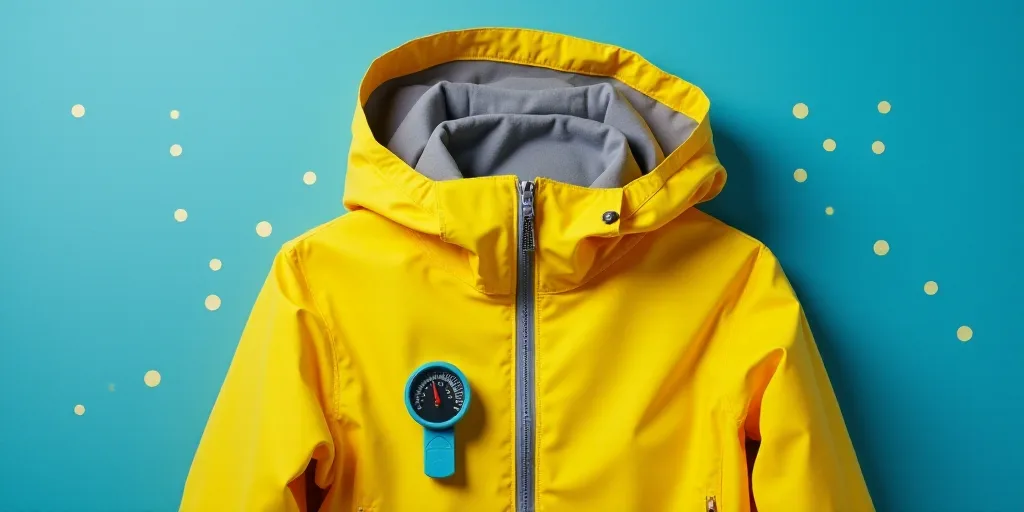 a yellow jacket with a thermometer attached to it and a blue background with white dots and lines, A