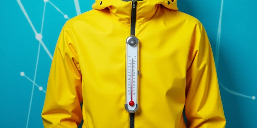 a yellow jacket with a thermometer attached to it and a blue background with white dots and lines, A