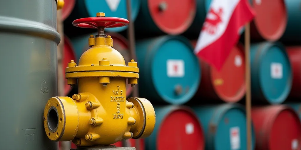 a yellow valve with a red valve on top of it next to a stack of oil drums and a flag, Aquirax Uno, o