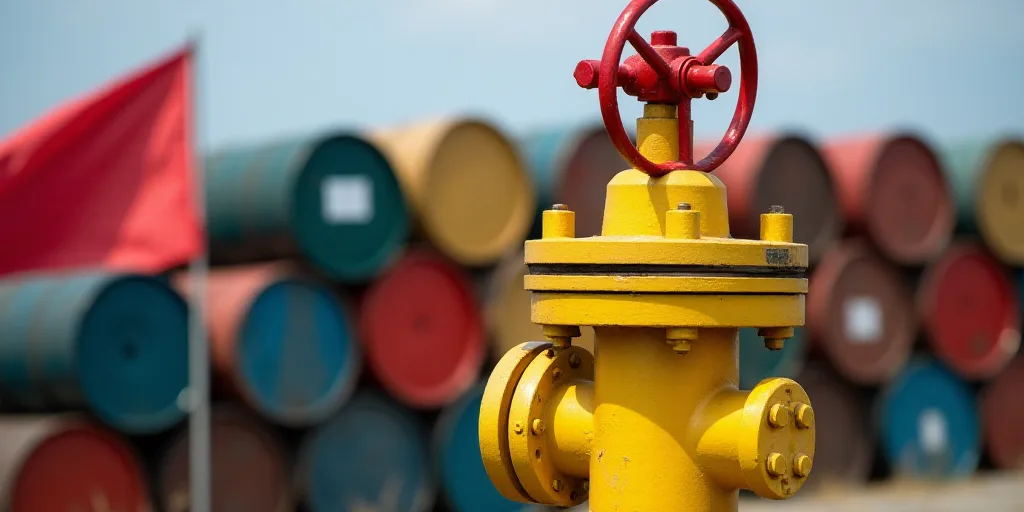 a yellow valve with a red valve on top of it next to a stack of oil drums and a flag, Aquirax Uno, o