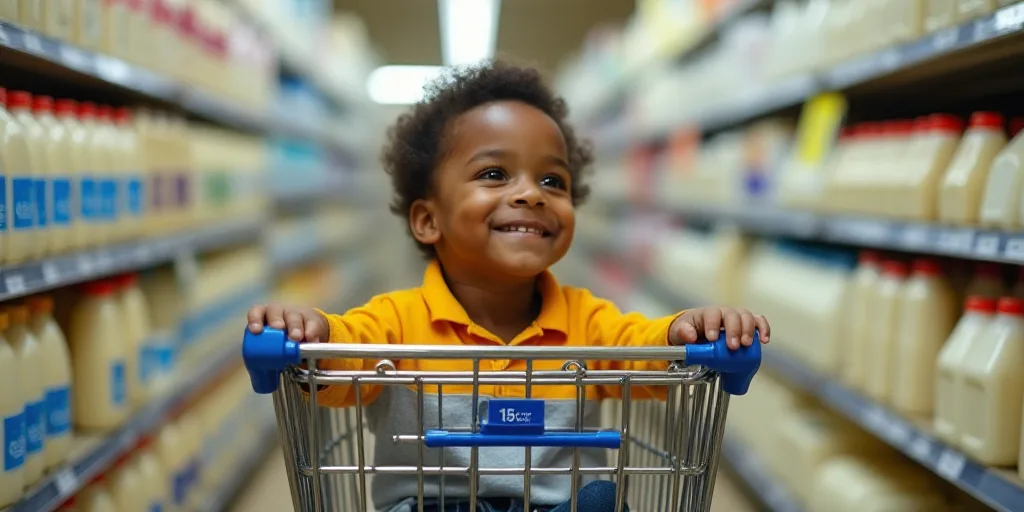 a young boy sitting in a shopping cart in a store aisle with milk in the background and a cart full