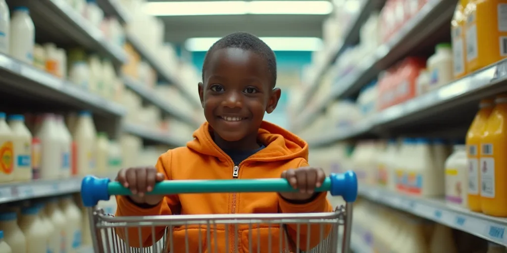 a young boy sitting in a shopping cart in a store aisle with milk in the background and a cart full