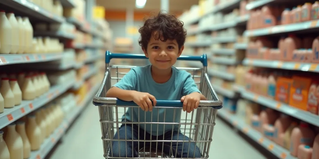 a young boy sitting in a shopping cart in a store aisle with milk in the background and a cart full