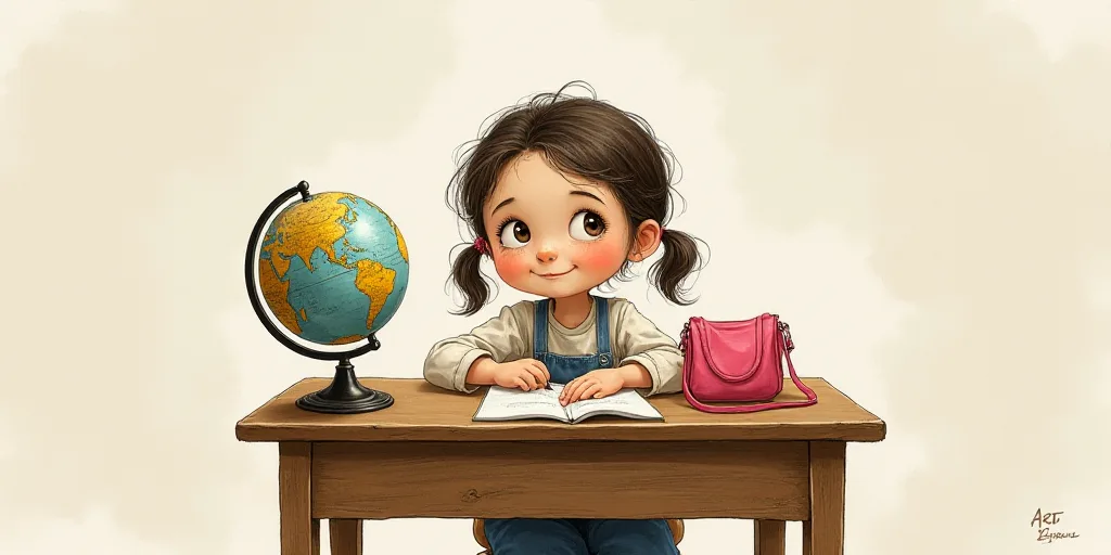 a young girl sitting at a desk with a globe on it's desk top and a pink bag on the desk, Art & Langu