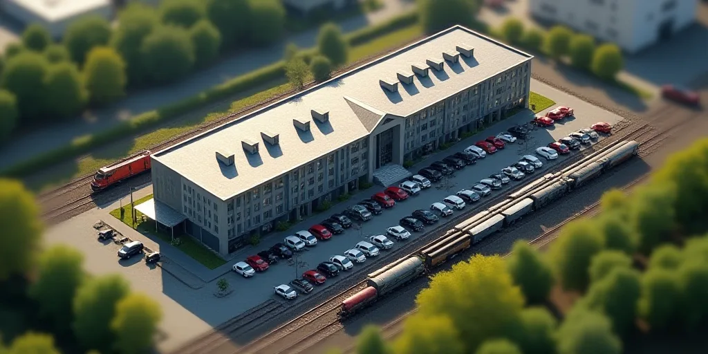 an aerial view of a building with many cars parked in front of it and a train on the tracks, Enguerr