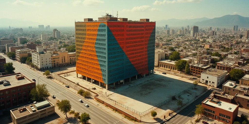an aerial view of a large building with a large sign on it's side and a city in the background, Davi