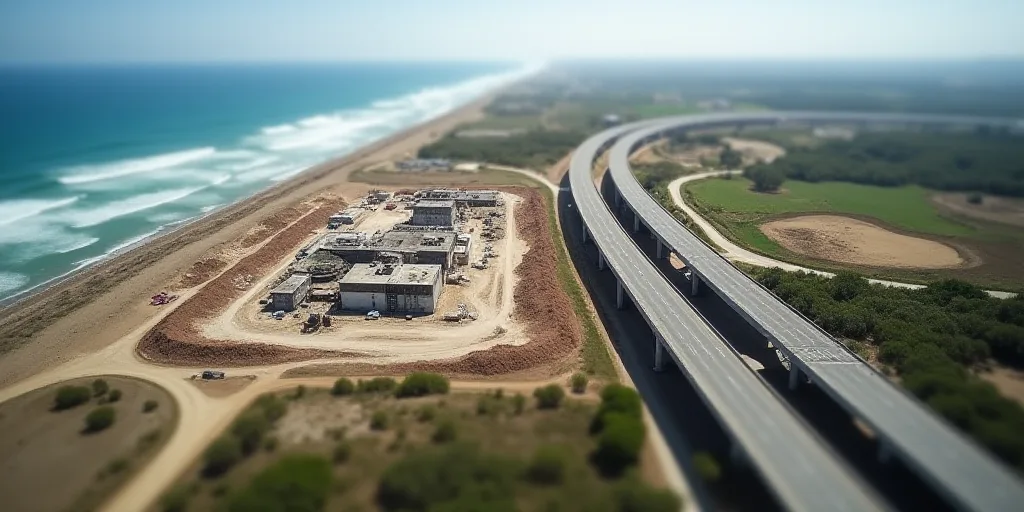 an aerial view of a large construction site near the ocean and a highway with a bridge in the middle