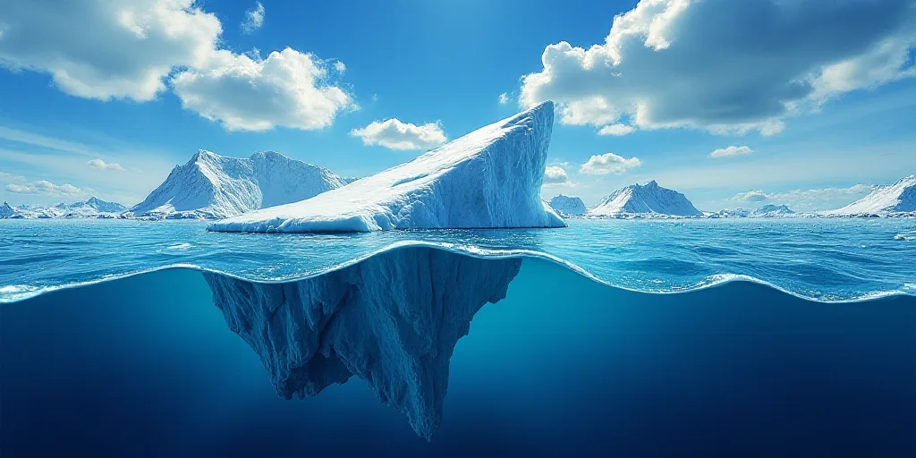 an iceberg floating in the ocean with ice floes floating around it and a blue sky with clouds, Andri
