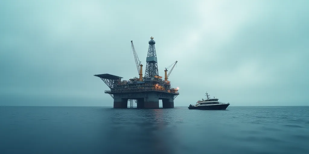 an oil rig in the middle of the ocean with a boat in the background and a boat in the water, Bascove